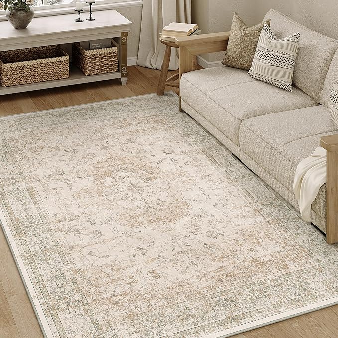 PureCozy 4x6 Washable Area Rug Beige Vintage Distressed Rug by PureCozy