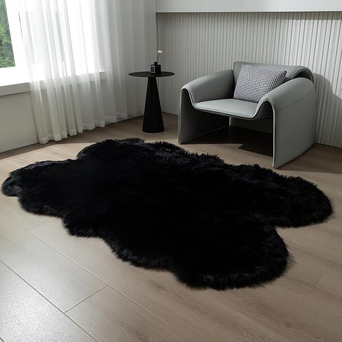 Fluffy Faux Fur Rug Black Sheepskin Area Rug, 4x6 Ft Ultra Soft Shaggy Plush Rug - Image 3