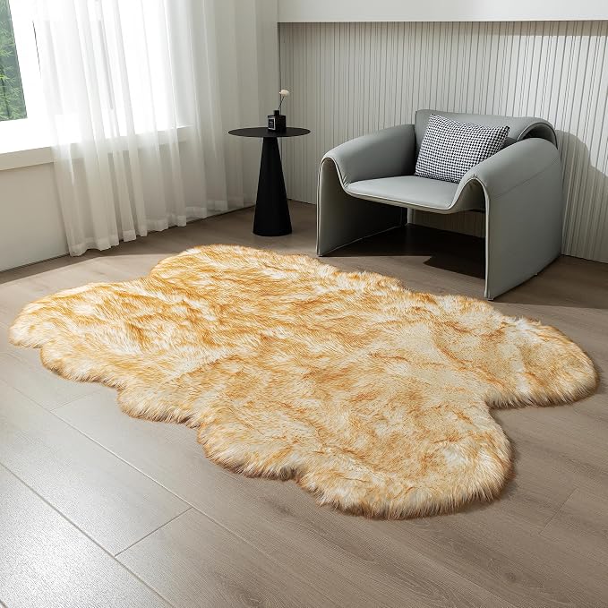 Fluffy Faux Fur Rug White Yellow Sheepskin Area Rug, 4x6 Ft Ultra Soft Shaggy - Image 4