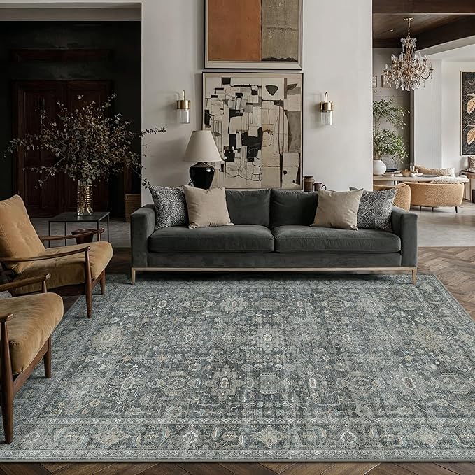 5x7 Washable Area Rug for Living Room Bedroom Vintage Black Grey Soft Low Pile by WondRg