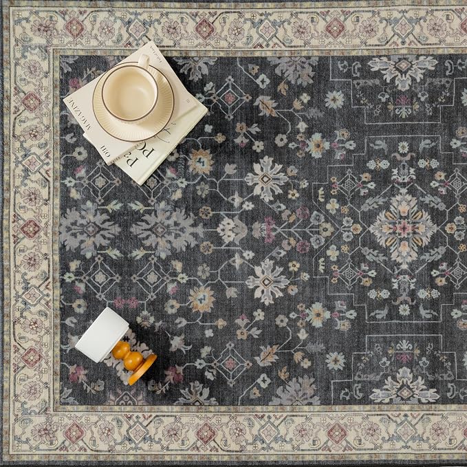 PureCozy Black 6x9 Area Rug Washable Vintage Carpet Living Room Large Indoor - Image 5