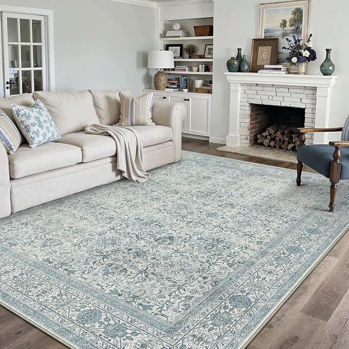 PureCozy Area Rug 9x12 Blue Washable Living Room Carpet Soft Non Slip Vintage - Image 2