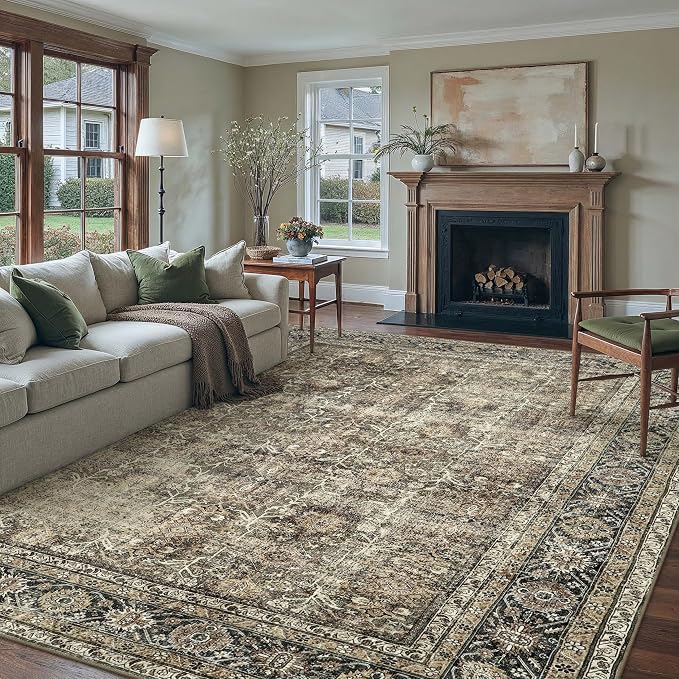 PureCozy Vintage Area Rug 12x15 Brown Washable Living Room Large Carpet Non - Image 3