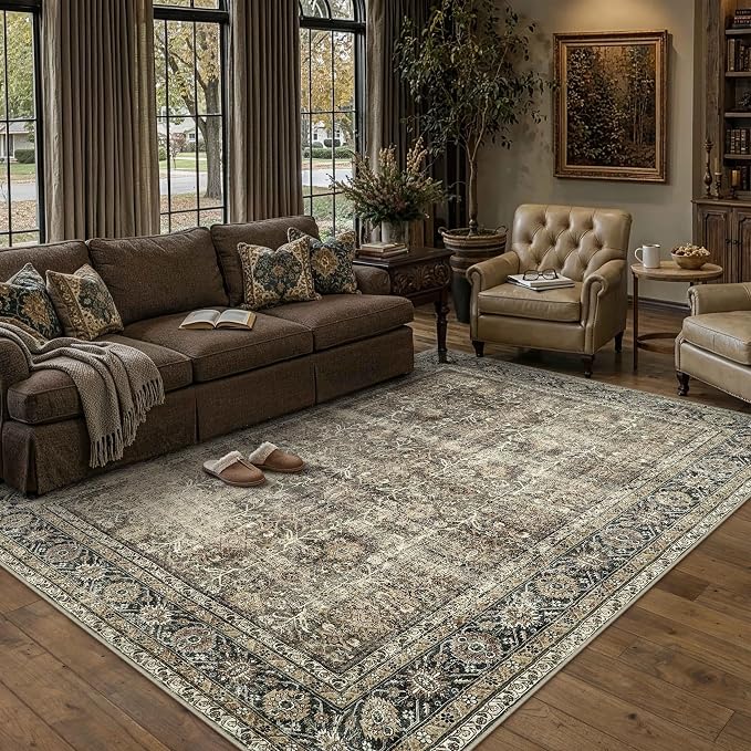 PureCozy Vintage Area Rug 5x8 Brown Washable Living Room Large Carpet Non Slip by PureCozy