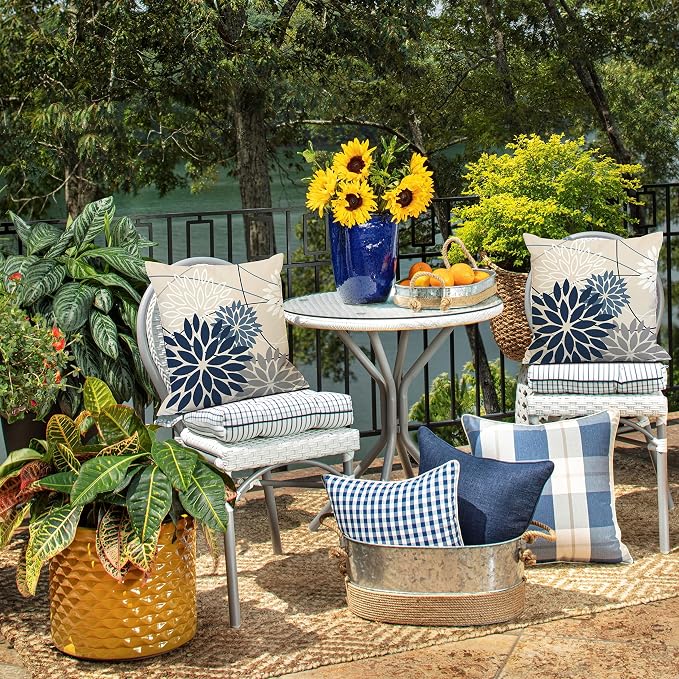 Blue and Gray Floral Pillow Covers 22x22 Set of 2 Outdoor Waterproof White - Image 5