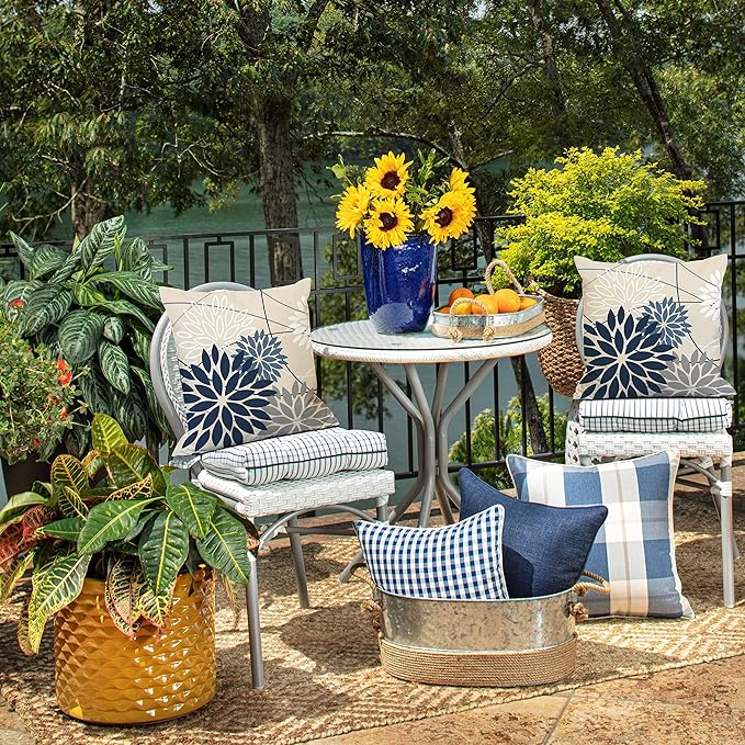 Blue and Gray Floral Pillow Covers 18x18 Set of 2 Outdoor Waterproof White - Image 5