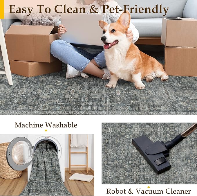 9x12 Washable Area Rug for Living Room Bedroom Vintage Black Grey Non Slip - Image 5
