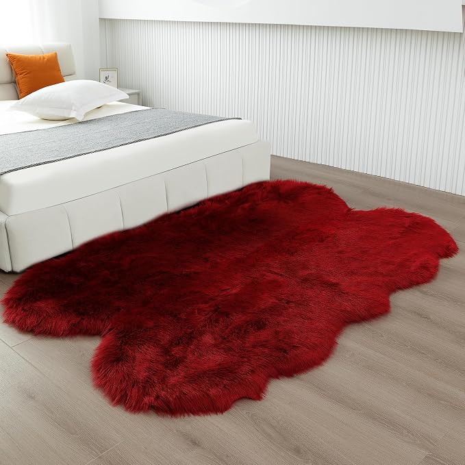 Fluffy Faux Fur Rug Red Sheepskin Area Rug, 4x6 Ft Ultra Soft Shaggy Plush Rug - Image 4