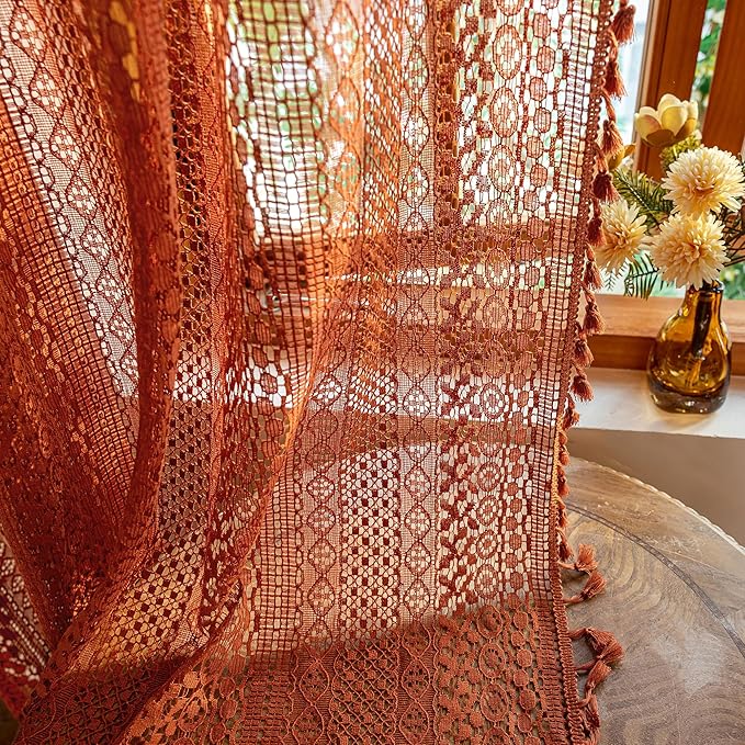 WAZZIO Boho Lace Curtains 102 Inches 2 Panel, Light Filtering Privacy Tassel & by WAZZIO