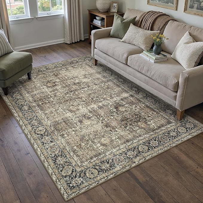 PureCozy Vintage Area Rug 4x6 Brown Entryway Office Washable Carpet Non Slip by PureCozy