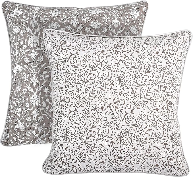 Ridhi Block Print Taupe Pillow Cover 24" x 24" Decorative Couch Pillows - Image 3
