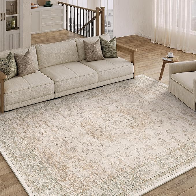 PureCozy 5x8 Washable Area Rug Beige Vintage Distressed Living Room Carpet - Image 5