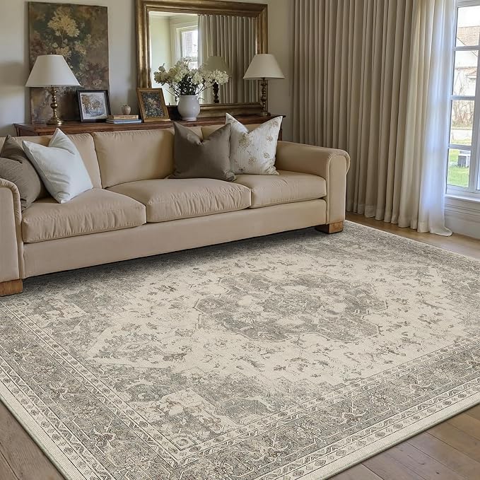 PureCozy 5x7 Washable Area Rug Beige Grey Vintage Distressed Rug by PureCozy