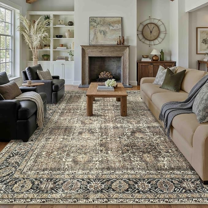 PureCozy Vintage Area Rug 9x12 Brown Washable Living Room Large Carpet Non Slip by PureCozy