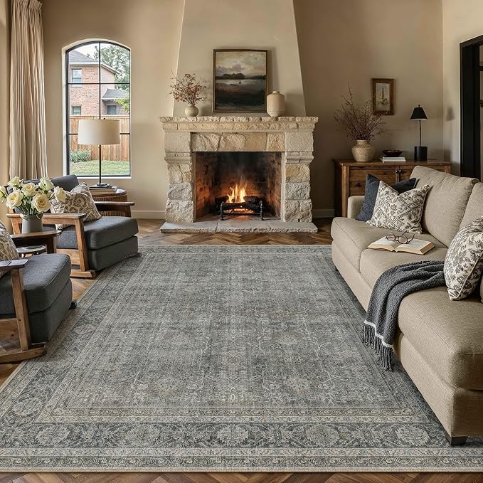 PureCozy Vintage Area Rug 6x9 Grey Brown Washable Living Room Large Carpet Non by PureCozy