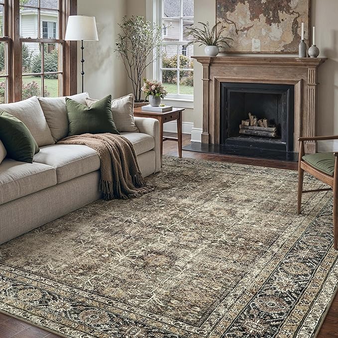 PureCozy Vintage Area Rug 8x10 Brown Washable Living Room Large Carpet Non Slip by PureCozy